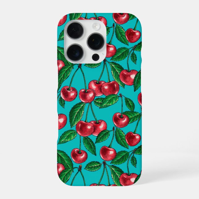 Coque iPhone Cerises rouges sur turquoise (Verso)