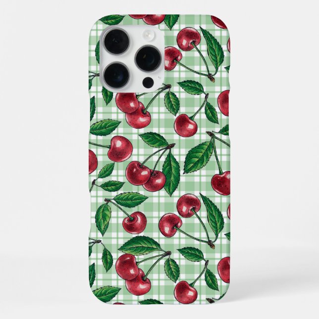 Coque iPhone Cerises rouges sur vichy vert clair (Verso)