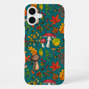 Coque iPhone 16 Plus Champignons d'automne, feuilles, noix et baies sur