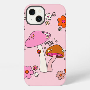 Etui iPhone 13 Champignons Et Fleurs Rétro Colorés Rose