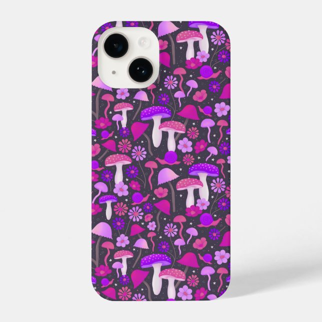 Coque iPhone Champignons floraux Trippy rose, violet et noir (Verso)