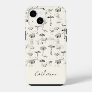 Coque Pour iPhone 14 Champignons noirs et blancs modernes avec nom pers