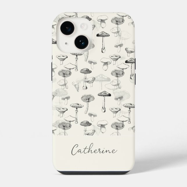 Coque iPhone Champignons noirs et blancs modernes avec nom pers (Verso)