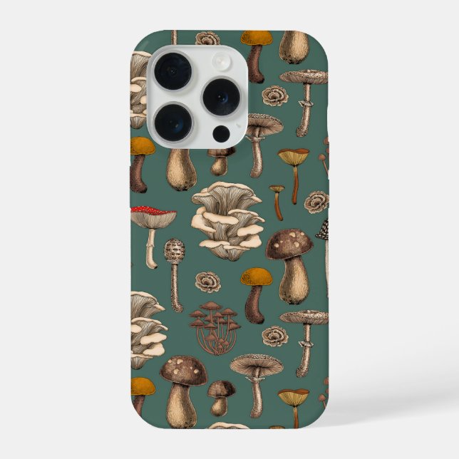 Coque iPhone Champignons sauvages sur fond vert pin (Verso)