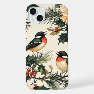 Coque iPhone 15 Plus Chanson Rustique d'Oiseau d'Hiver Crème Rouge Bota