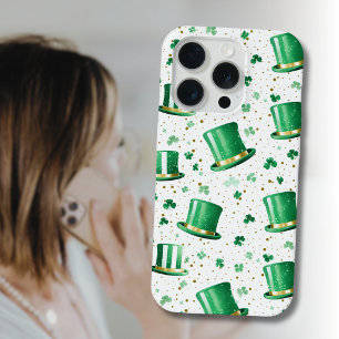 Coque iPhone 15 Pro Chapeaux verts dorés de luxe et trèfles blancs