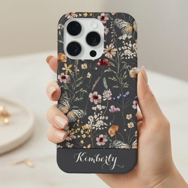 Coque iPhone Charcoal Gray Watercolor Wildflowers Pattern Name  (Créateur téléchargé)