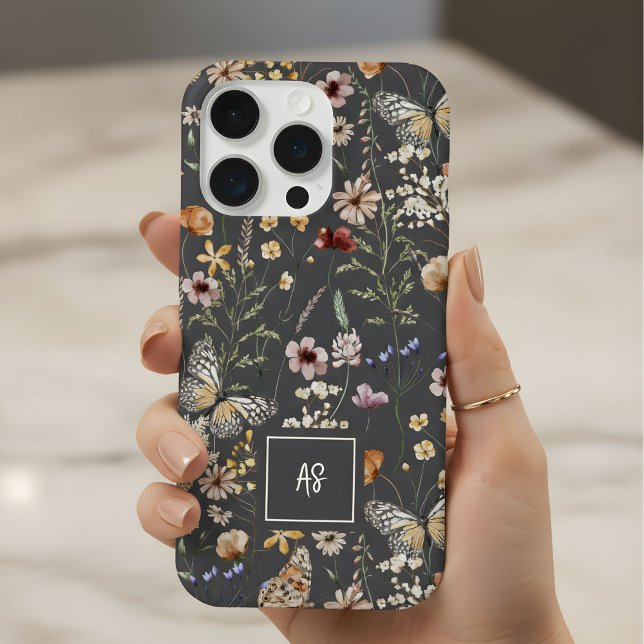 Coque iPhone Charcoal Gray Wildflowers Floral Monogrammed (Créateur téléchargé)