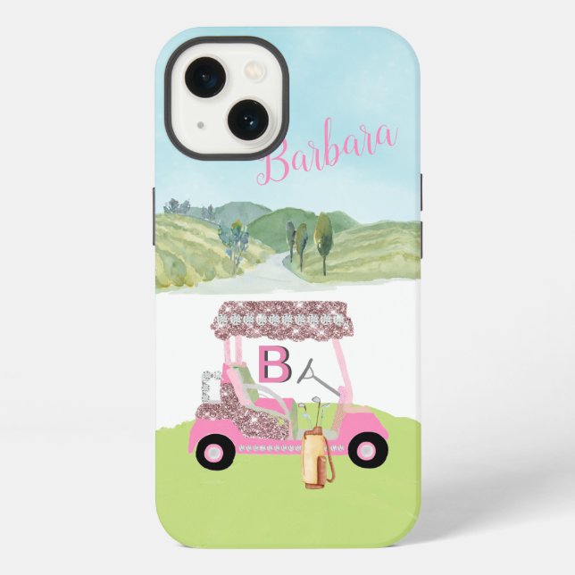 Coque iPhone Chariot de golf Rose Gold Monogramme Nom Glam Glit (Verso)