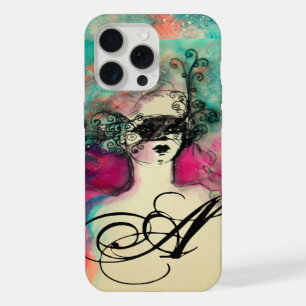 Coque iPhone 15 Pro Max CHARM /Dame au Masque Monogramme Rose Sarcelle Ver