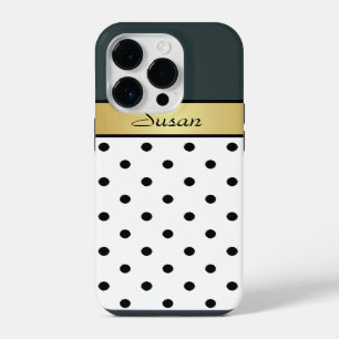 Coque Pour iPhone 14 Pro Chasseur à l'oeil vert Blanc et noir Pois