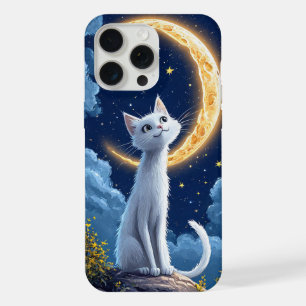 Coque iPhone 15 Pro Max Chat Blanc Fantaisiste Admirant une Lune Brillante