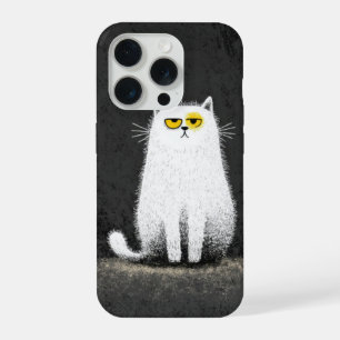 Coque iPhone 15 Pro Chat Blanc Grincheux – Drôle d'Art Minimal de Chat