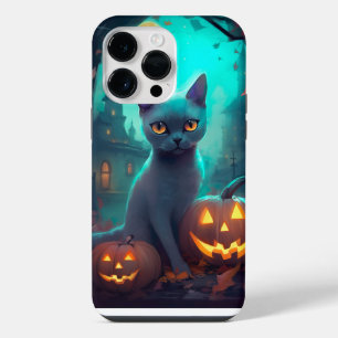 Coque Pour Pour iPhone 14 Pro Max Chat bleu russe Halloween avec citrouilles effraya