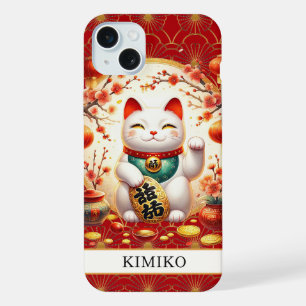 Coque iPhone 15 Plus Chat Chanceux Avec Pièces D'or Sur Monogramme Roug