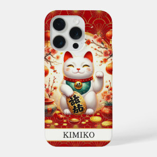 Coque iPhone 15 Pro Chat Chanceux Avec Pièces D'or Sur Monogramme Roug