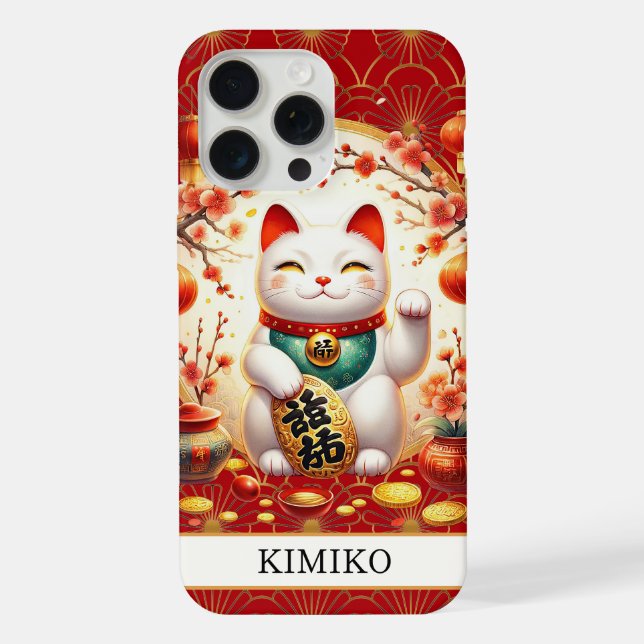 Coque iPhone Chat Chanceux Avec Pièces D'or Sur Monogramme Roug (Verso)