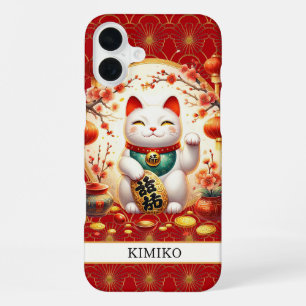 Coque iPhone 16 Plus Chat Chanceux Avec Pièces D'or Sur Monogramme Roug