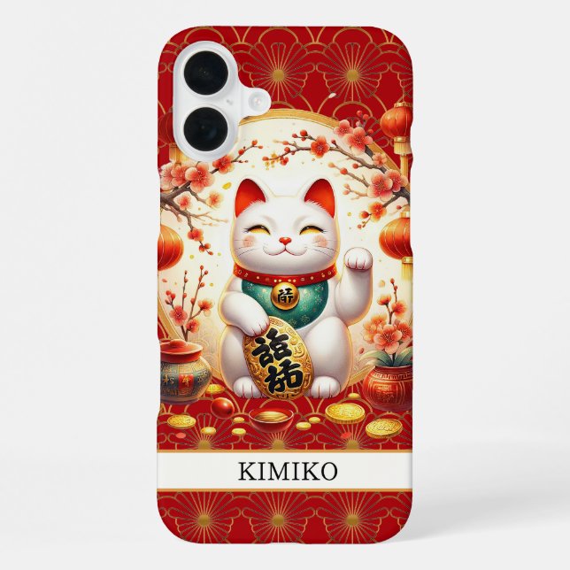Coque iPhone Chat Chanceux Avec Pièces D'or Sur Monogramme Roug (Verso)