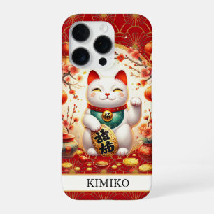 Coque iPhone 16 Pro Chat Chanceux Avec Pièces D'or Sur Monogramme Roug