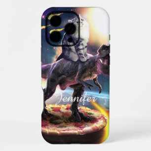 Coque iPhone 16 Pro Max Chat chevauchant une licorne de dinosaure dans l'e