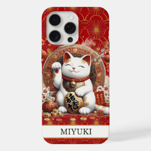 Coque iPhone 15 Pro Max Chat de la Chance avec Pièces d'Or Monogrammées