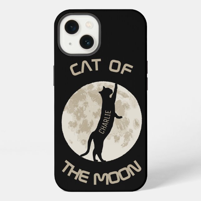 Coque iPhone Chat de la Lune Personnaliser le nom (Verso)