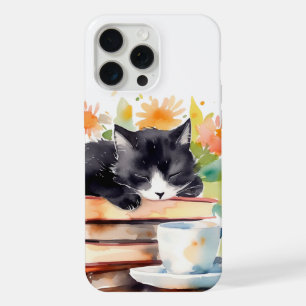 Coque iPhone 15 Pro Max Chat Détendu et Confortable en Aquarelle
