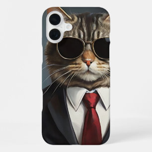 Coque iPhone 16 Plus Chat élégant Lunettes de soleil Homme d'affaires F