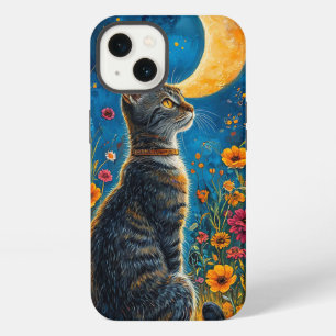 Etui iPhone 13 Chat élégant sous la lune ciel nocturne magique es