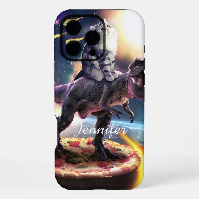 Coque iPhone Chat équitation dinosaure licorne dans l'espace (Verso)