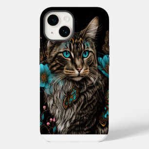Coque Pour iPhone 14 Chat fantaisiste avec des fleurs et des papillons,