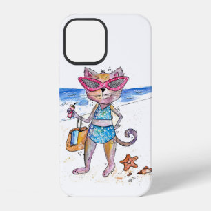 Coque iPhone 12 Chat fantaisiste mignon sur la plage