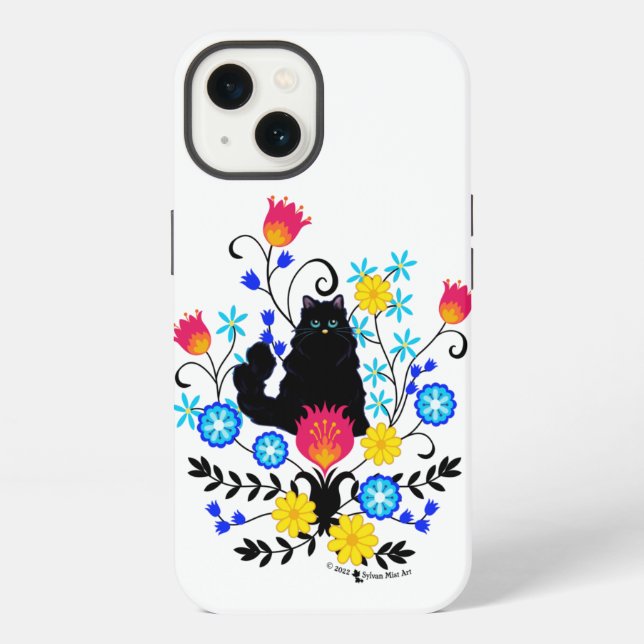 Coque iPhone Chat Fluffy Noir avec Fleurs (Verso)
