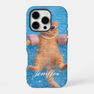 Coque iPhone 16 Pro Chat glamour au bord de la piscine flottant dans l