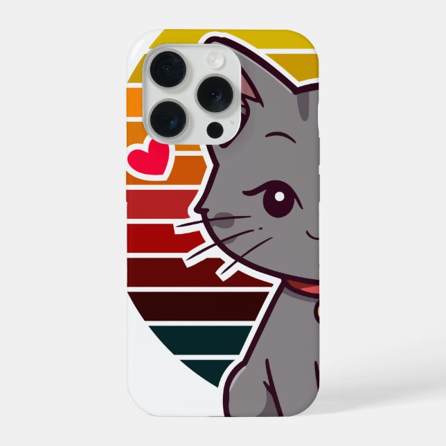 Coque iPhone Chat Gris Kawaii Rétro Coucher de Soleil Art Anime (Verso)