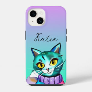 Coque Pour iPhone 14 Chat Kitty Bleu Mignon Personnalisé