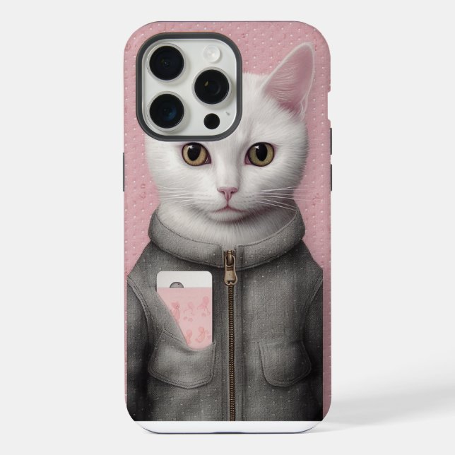 Coque iPhone Chat Kitty rose et blanc avec téléphone (Verso)