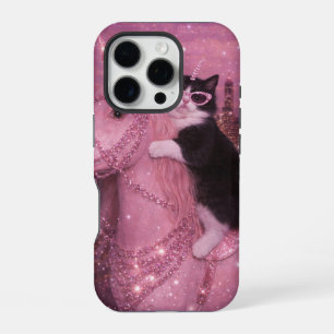 Coque iPhone 16 Pro Chat Licorne Glamour sous une Ville Étincelante