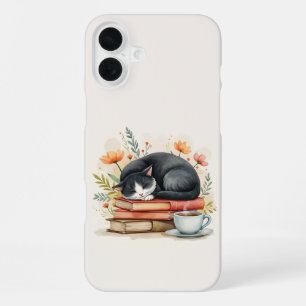Coque iPhone 16 Plus Chat lisant du café