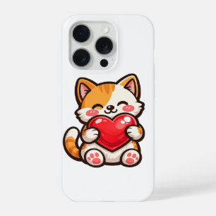 Coque iPhone 15 Pro Chat Mignon Cœur – Chat Kawaii Enlaçant un Cœur Ro