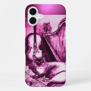 COQUE iPhone 16 PLUS CHAT MUSICAL AVEC HIBOU EN ROSE POURPRE GEMME
