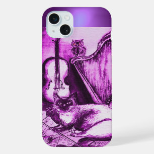 COQUE iPhone 15 PLUS CHAT MUSICAL AVEC HIBOU EN ROSE VIOLET GEMME