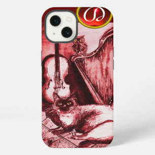 ETUI iPhone 13 CHAT MUSICAL AVEC HIBOU EN RUBIS ROUGE MONOGRAMME