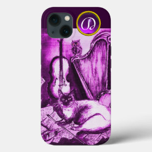 ETUI iPhone 13  CHAT MUSICAL AVEC OWL EN ROSE PURPLE GEM MONOGRAM