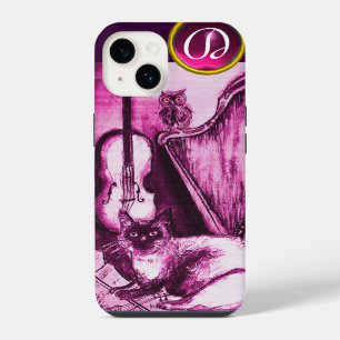 COQUE POUR iPhone 14 CHAT MUSICAL AVEC OWL EN ROSE PURPLE GEM MONOGRAM