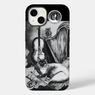 Coque Pour iPhone 14 CHAT MUSICAL, CHOUETTE, VIOLON, HARPE Noir Blanc G