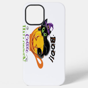 Coque iPhone 12 Pro Max Chat noir Boo, café citrouille effrayant Halloween