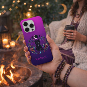 Coque iPhone 15 Pro Chat Noir Céleste Mystique Rose Violet