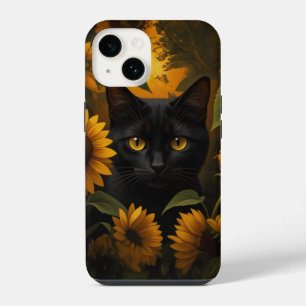 Coque Pour iPhone 14 Chat noir dans le jardin de tournesols esthétique